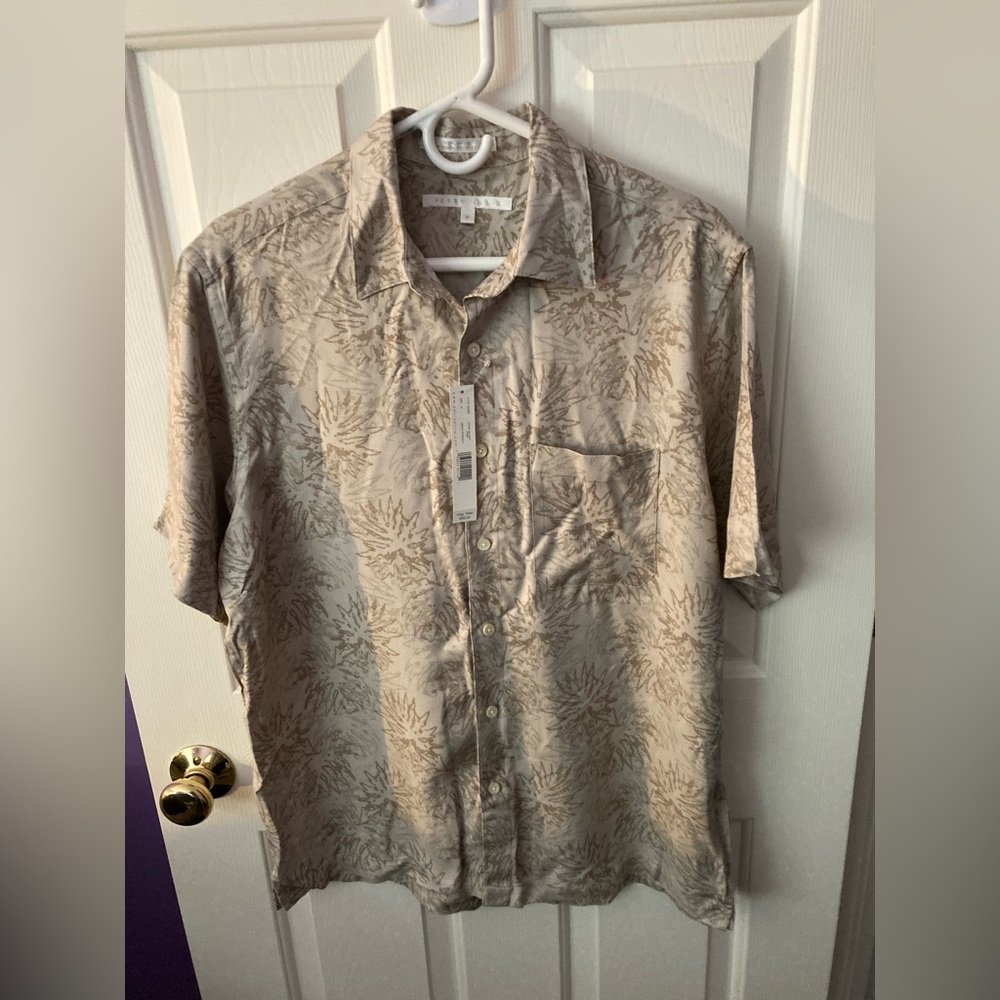Perry Ellis Tan Leaf Print Casual Button-down Shirt